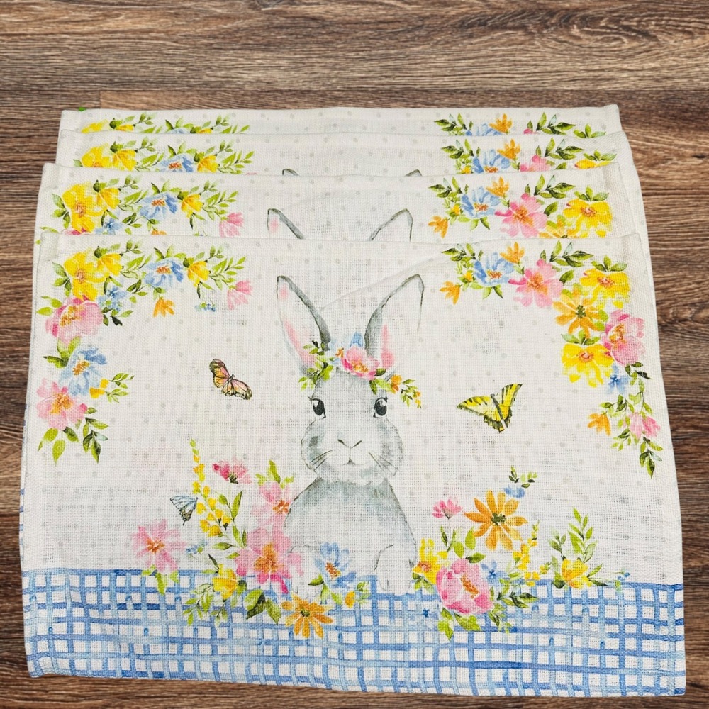 Novogratz Easter Bunny Placemats 4 Piece 100% Cotton Gingham Trim